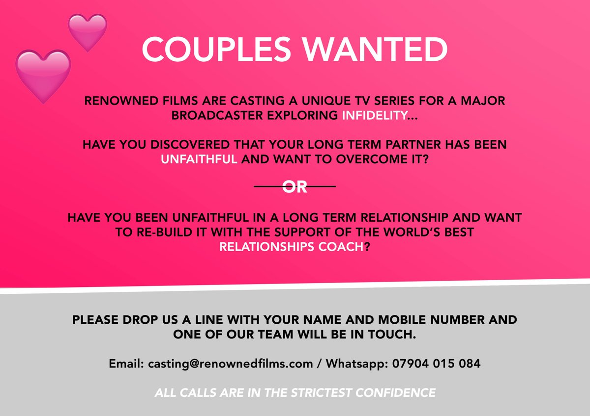 CastingRenowned's tweet photo. @TomHuttonTV Pls RT: COUPLES WANTED! Do you need help in your relationship to rebuild with one of the world's best relationship coaches? Email: casting@renownedfilms.com #relationships #couples #tvcasting https://t.co/PvmZdYd33z