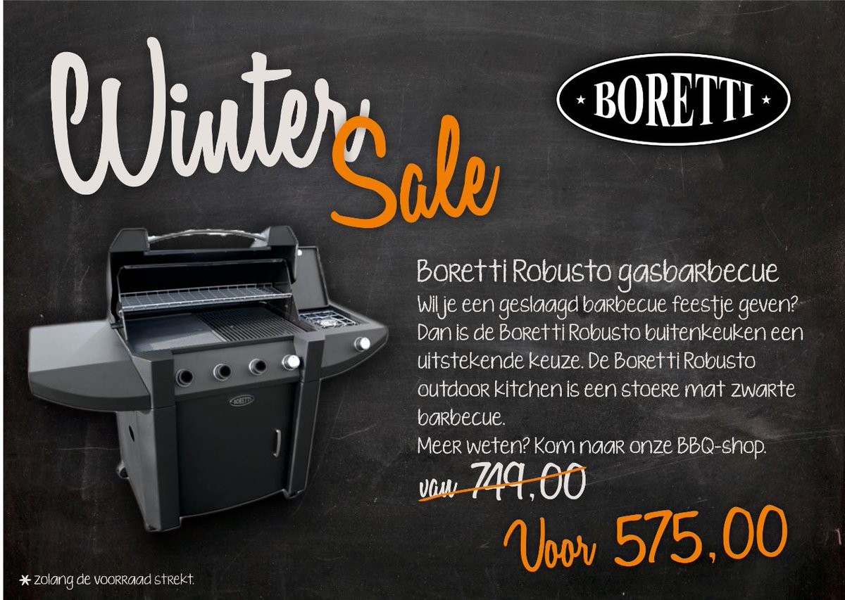 Wintersale barbecues bij <a href="/velotazonwering/">velota zonwering</a> <a href="/Velota1/">Caby van Bodegraven</a> #Boretti Robusto #gasbarbecue velota.nl/acties
