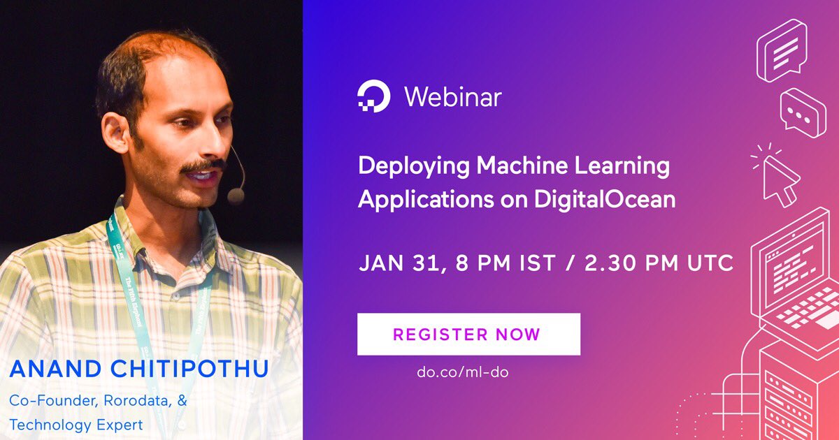 rorodata's tweet photo. Deploying machine learning apps on DigitalOcean @anandology will be hosting this webinar with @digitalocean Register now! https://t.co/kCL1E3cqbR