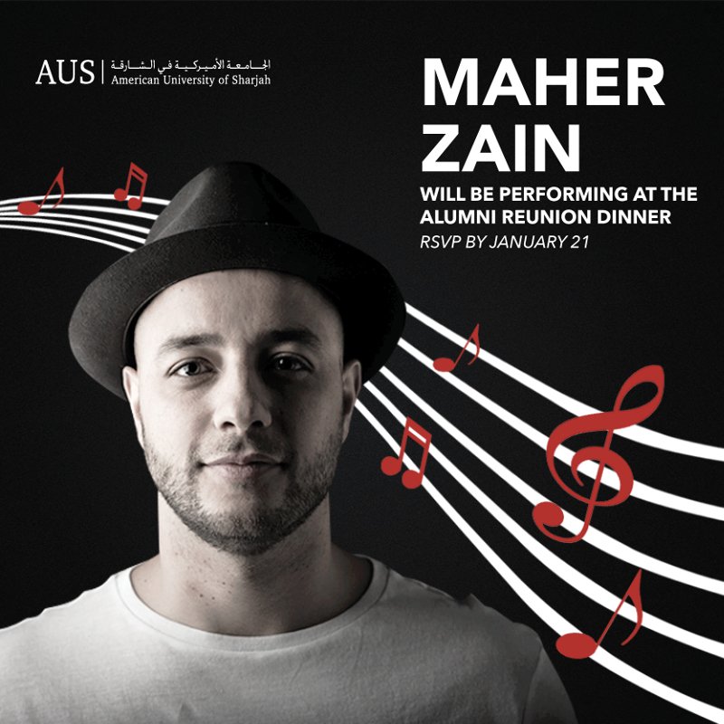 ausalumni's tweet photo. Maher Zain will be performing at the Alumni Reunion Dinner! You now have until January 21 to confirm your place, but seats are filling up fast so don’t wait long. https://t.co/p8UtAadrpw #AUScelebrates_20 https://t.co/sB7fh0NeQ2