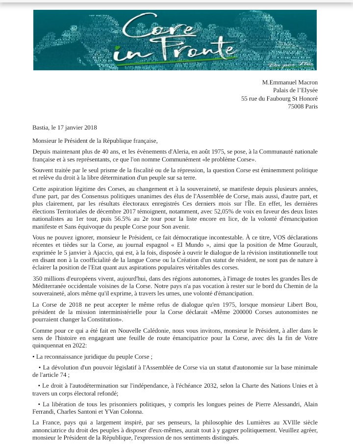 <a href="/EmmanuelMacron/">Emmanuel Macron</a> doit faire preuve de courage politique sur la #Corse, à travers la prise en compte des aspirations populaires des corses, qui se sont exprimés majoritairement aux deux tours, 52% et 56%, des dernieres élections Territoriales.
#Autunumia2022 #Autodeterminazioni2032