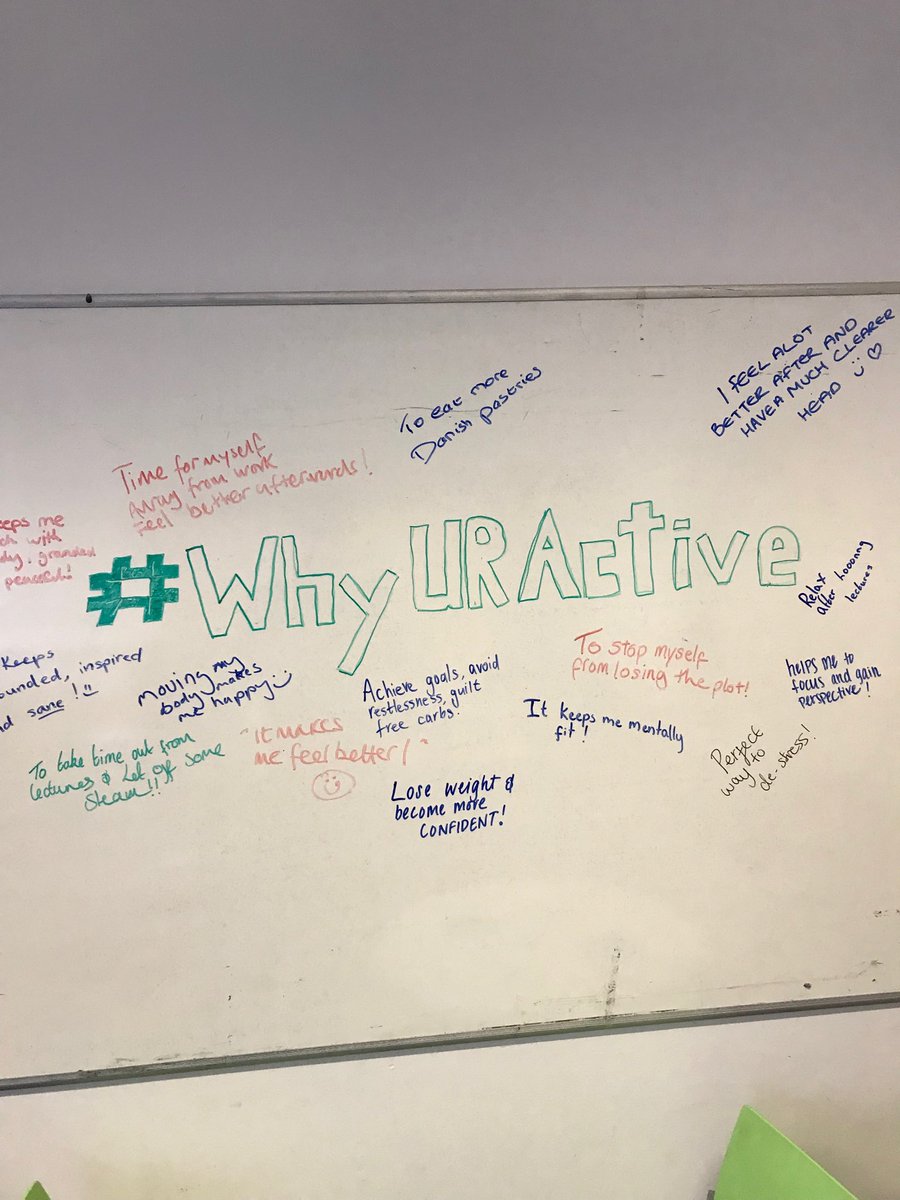 sportroehampton's tweet photo. This week we are focusing on being active to support your wellbeing! Some great answers on our whiteboard! Pop in to tell us your reasons or use #WhyURActive https://t.co/S8Z3p1jTfZ