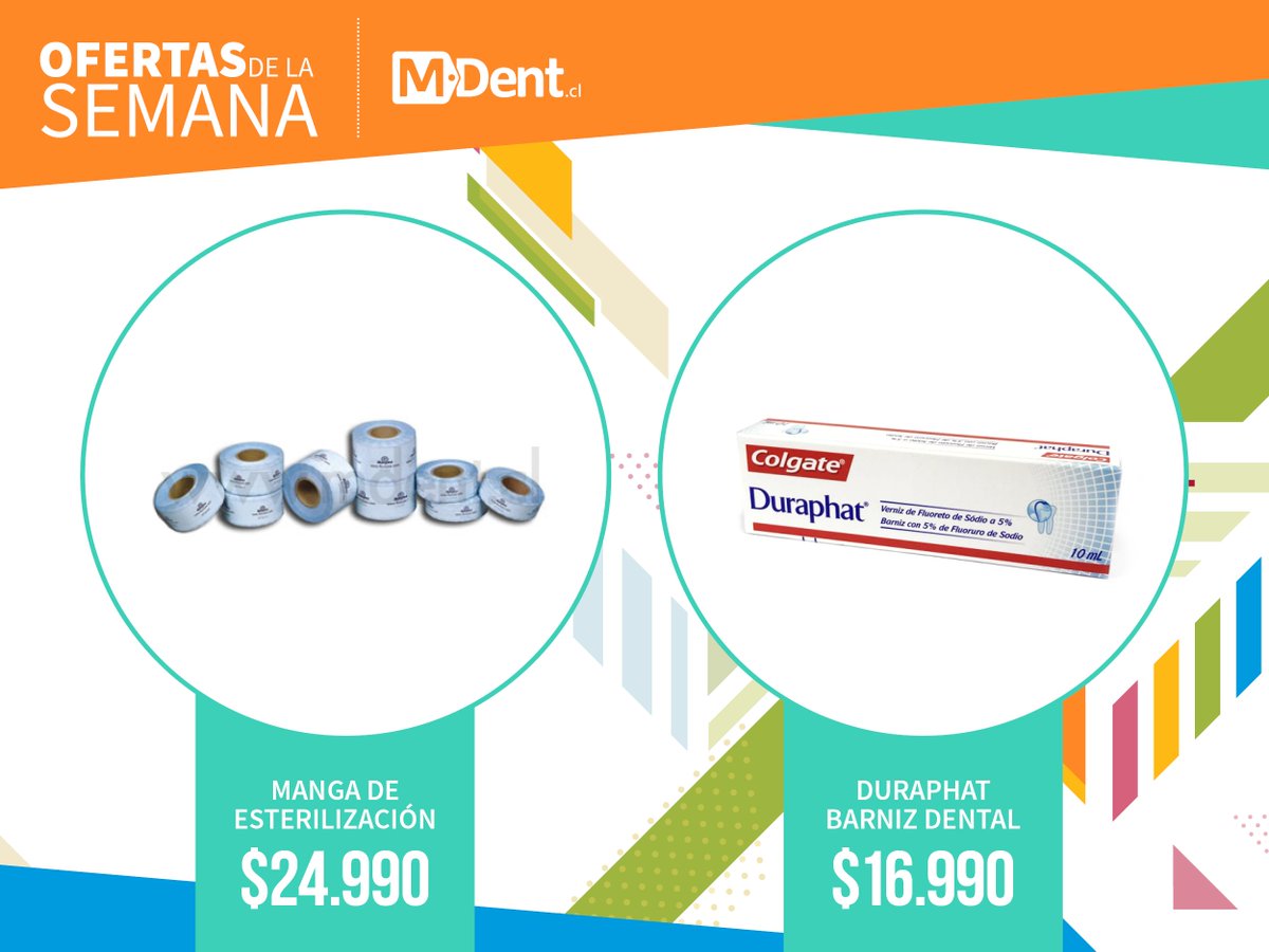mdentcl's tweet photo. 😲🎁¡¡Asómbrate con las Ofertas de la Semana M-Dent!!🤭🎉👏
✅ Manga de Esterilización. ¡¡A SÓLO $24.990!! https://t.co/fRLZLih87D
✅ Duraphat, Barniz Dental. 5% de Fluoruro de Sodio ¡¡A SÓLO $16.990!! https://t.co/hGK5wVUblm #OFERTAS #MDent #OfertasMDent https://t.co/inpFhZG6Nh