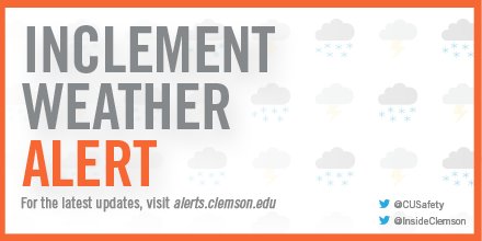 OurClemson's tweet photo. BREAKING: Clemson University closed Jan. 17 due to inclement weather. Updates at https://t.co/VbD42skkjz https://t.co/KVlZfW6ESd