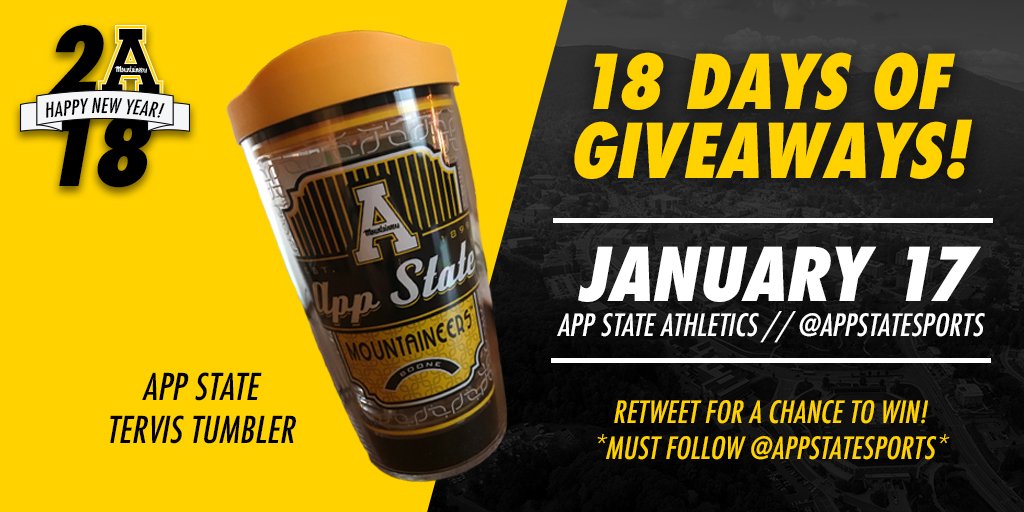 appstatesports's tweet image. Just TWO more days of #18DaysofGiveaways! Follow us and retweet for your chance to win. #GoApps