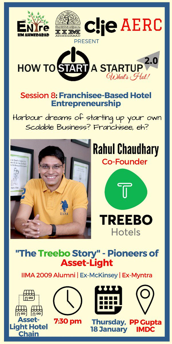 Join us to listen "The Treebo Story" from the man himself <a href="/7rahulc/">Rahul Chaudhary</a>, Co-Founder @TreeboHotels, tomorrow 7:30 pm, live from <a href="/IIMAhmedabad/">IIM Ahmedabad</a>. 
#FacebookLive #IIMA_Alumni #StartupIndia #startup #entrepreneur #ExMcKinsey #hotels