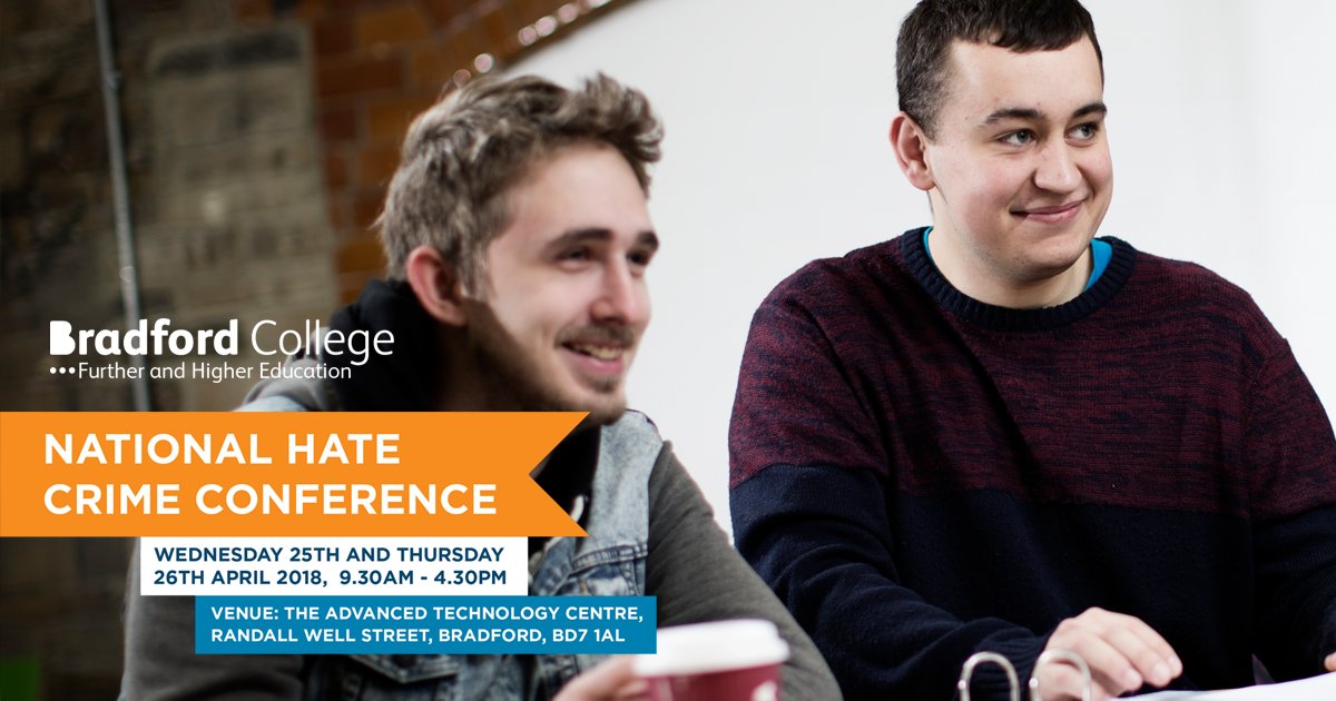 BradfordCollege's tweet photo. To continue @BradfordCollege's work in advancing equality and promoting tolerance, we are organising a national conference - A City United Against Hate. Tickets are now available. #NHCC18 https://t.co/qhVNgU5e1S https://t.co/RLhZIwgNjP