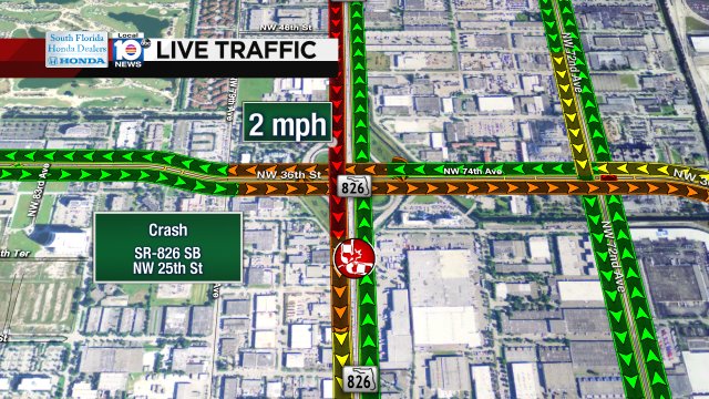 Crash has four left lanes blocked on SR-826 SB at NW 25th St #traffic https://t.co/UbdfnGZuC4