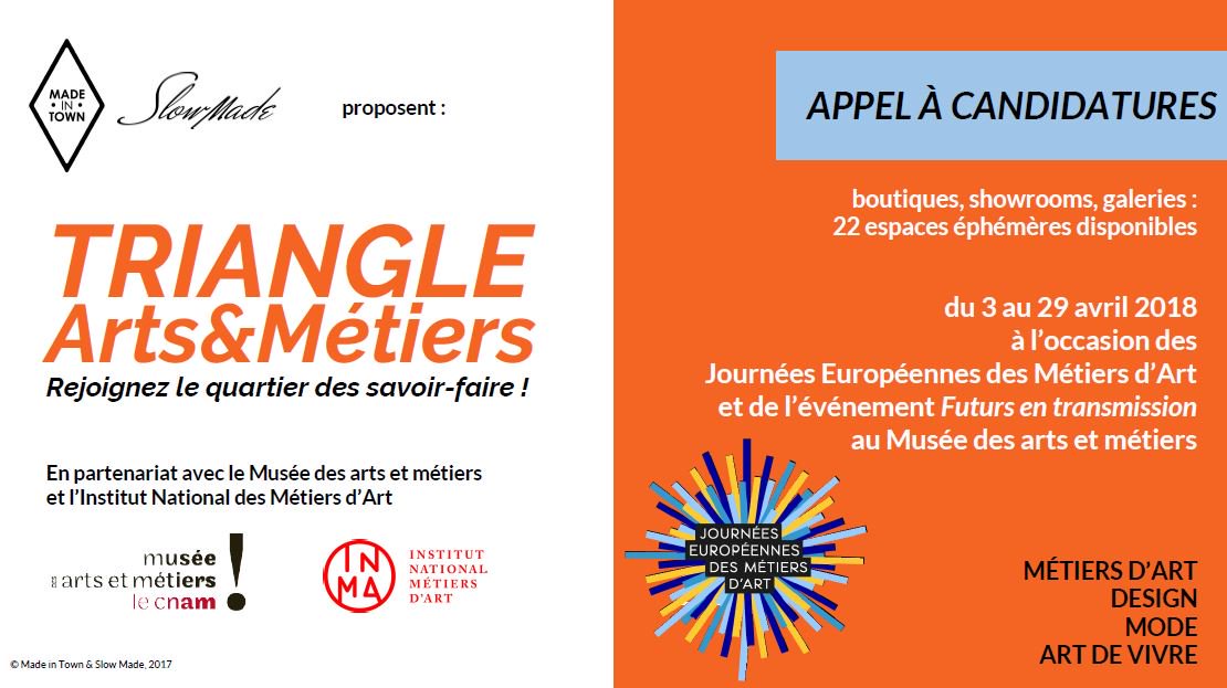 APPEL A CANDIDATURES - TRIANGLE ARTS&amp;MÉTIERS - Date limite d'inscription : 28 janvier 2018 #metiersdart #location #espacesephemeres #boutiques #showrooms #galeries bit.ly/2Dg1XB2