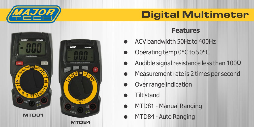 MajorTechZA's tweet image. New Auto &amp;amp; Manual Ranging #DigitalMultimeters! The MTD81 &amp;amp; MTD84 is a compact #multimeter with high contrast LCD display, backlight &amp;amp; detailed display icons. Contact us today (011) 872 5500/sales@major-tech.com #majortech #electrician #electricalcontractors
