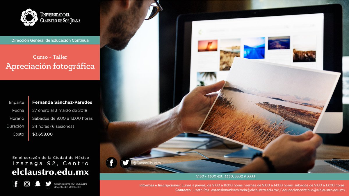 CursosClaustro's tweet photo. Mejora tus habilidades como fotógrafo en nuestro curso-taller de apreciación fotográfica. Inscríbete, iniciamos el 27 de enero https://t.co/nSY08ZyOMe
#FormaciónClaustro https://t.co/pfwcMJE5xv
