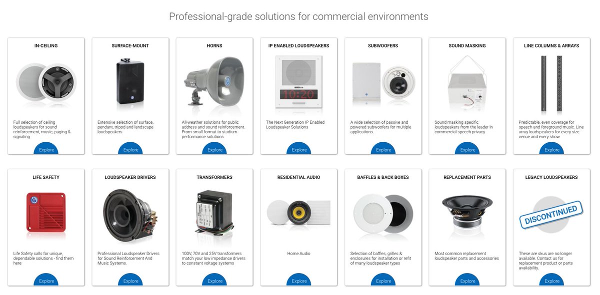 Well over 300 unique loudspeaker solutions including ceiling-mount, surface-mount, line arrays, paging horns, large format horns, subwoofers and so much more... ed.gr/irme