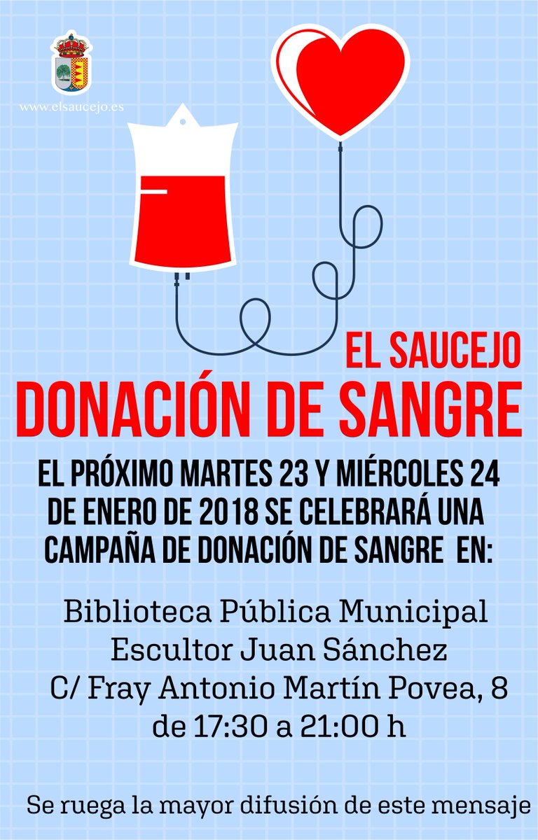 Donación Sangre El Saucejo.23 y 24 Enero 2018 · Biblioteca C/Fray Antonio 8 de 17:30 a 21:00 h·<a href="/aytoelsaucejo/">Ayto El Saucejo, SE</a> <a href="/GuadaSaucejo/">Sabemos Ayudarte</a> <a href="/turismosaucejo/">Turismo El Saucejo</a>