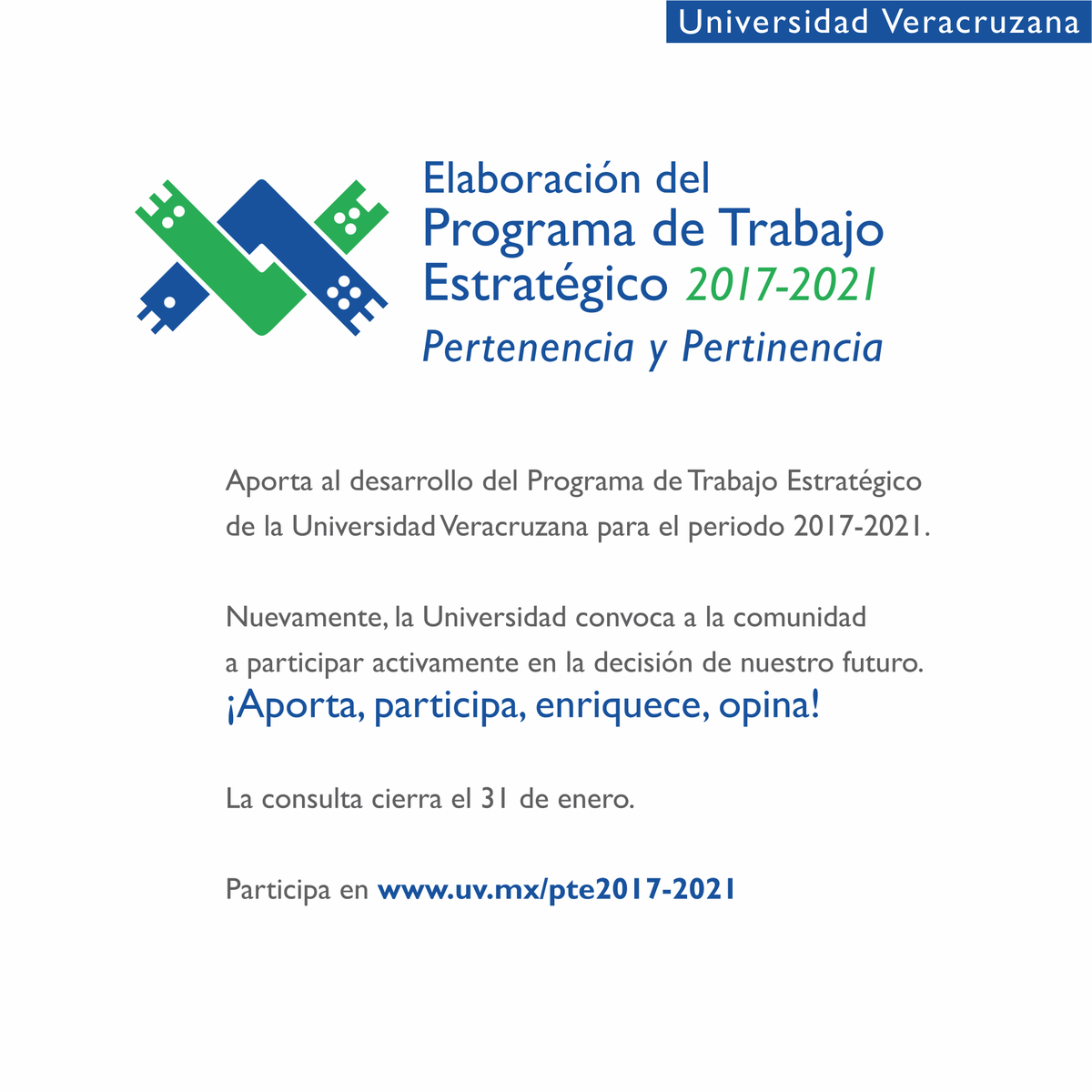 Continuamos con el proceso de transformación de nuestra casa de estudios iniciado hace más de dos décadas.

Les invito a participar en la consulta sobre el #PTEUV 2017-2021.

#UV_DamosMás
bit.ly/2mffwta