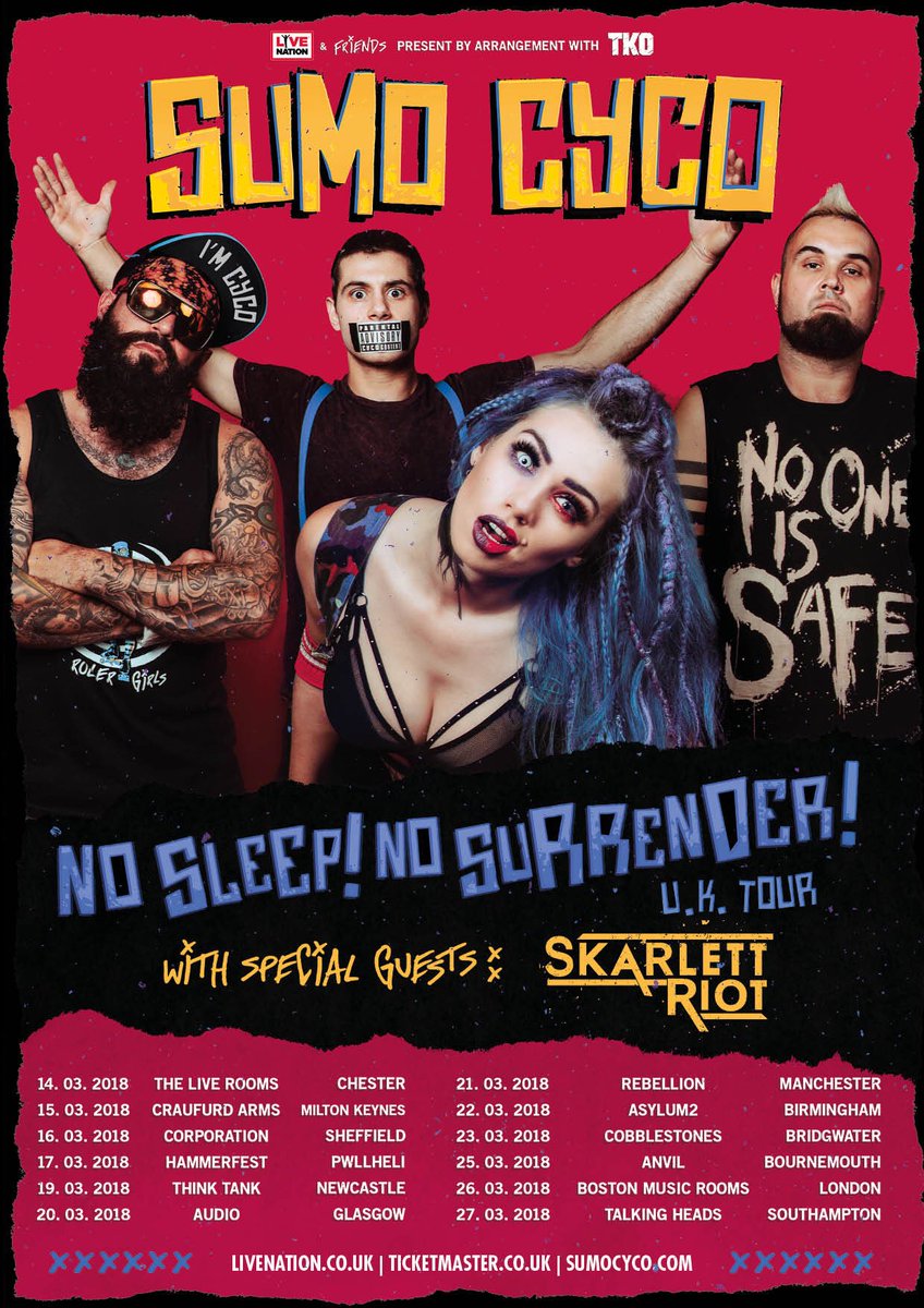 sumocyco's tweet photo. Excited to come back to the UK 🇬🇧! Thanks @LiveNationUK &amp; @TKObooking we present: NO SLEEP! NO SURRENDER! Special guests Skarlett Riot 🤘🏻Tickets this Friday at 10am GMT - stay tuned because we will also be offering limited VIP tickets to intimate acoustic performances! https://t.co/KOEN4rNmMe