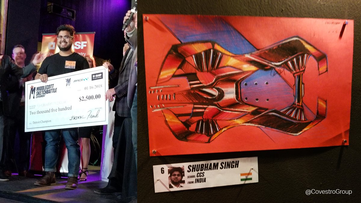 covestro's tweet photo. Congratulations to the #SketchBattle winner, Shubham Singh from @CCS_Detroit! You are #PushingBoundaries to create a more #innovative automotive industry.

Until next time, @MiddlecottSBEXP! #MSBEXP https://t.co/j5iofyp2pk