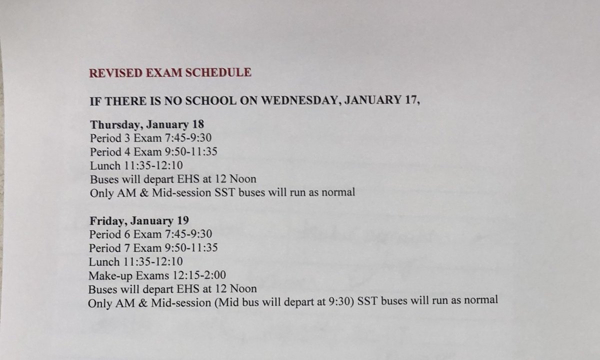 Revised schedule! Good luck with your 3rd, 4th, 6th, and 7th period exams, Hawks! Remember to return all textbooks. The semester ends this friday 01/19
