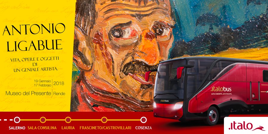 ItaloTreno's tweet photo. La mostra su Antonio Ligabue è a prezzo ridotto se usufruisci di Italobus per raggiungere Cosenza! https://t.co/55wDOhT2hw https://t.co/Q0hUUi8aGC