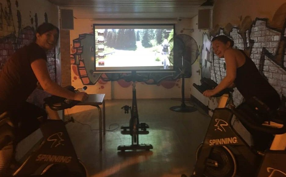 The girls at the Dolphin are giving the virtual spin class a whizz this afternoon 🚵‍♀️ #VirtualReality #spinning #fitness
