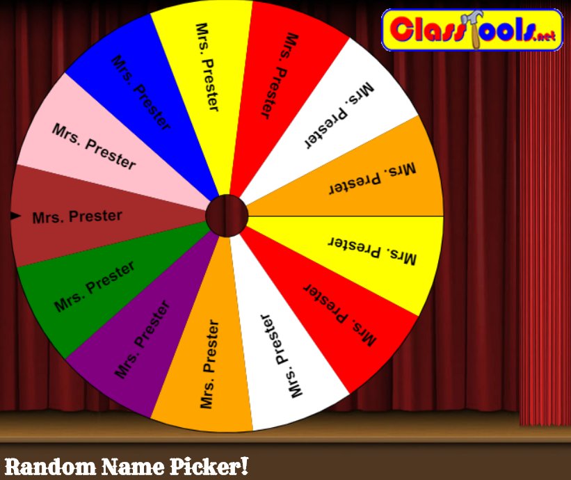 JCollinsMA's tweet image. Love the #randomnamepicker on #ClassTools! Students love seeing the wheel spin for a winner. #edtech #busedu #HornetsChat classtools.net/random-name-pi…