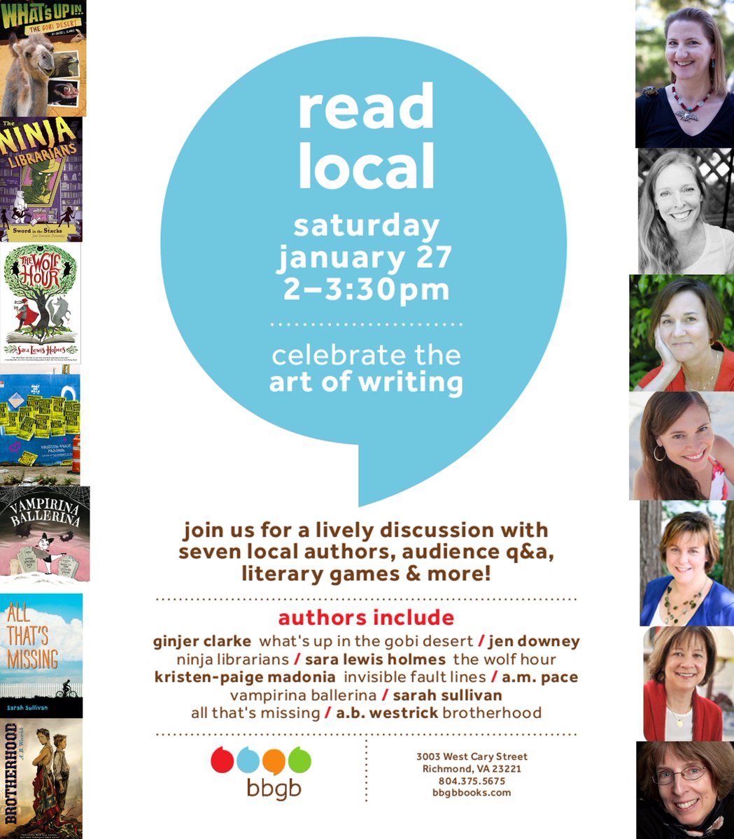 Sara Lewis Holmes (@saralewisholmes) on Twitter photo SEVEN authors. ONE cozy event. Talk books and writing with us! Saturday, Jan. 27th 2-3:30 at bbgb, 3003 West Cary Street in Richmond. SEVEN authors. ONE cozy event. Talk books and writing with us! Saturday, Jan. 27th 2-3:30 at bbgb, 3003 West Cary Street in Richmond.
