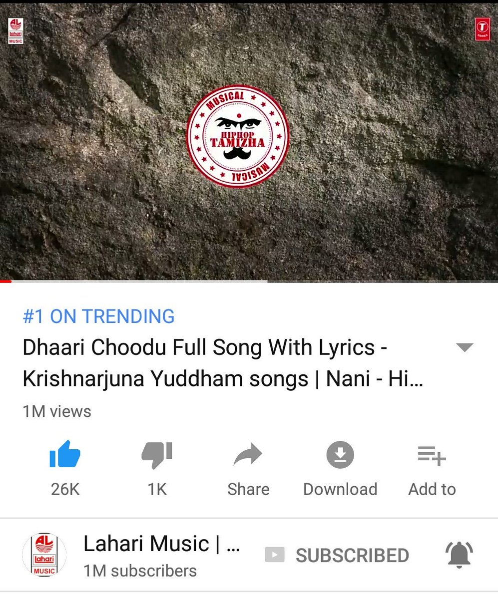nanifansclub's tweet photo. 1 Million Views for #DhaariChoodu Lyrical Video
Music by @hiphoptamizha
@NameisNani @Ruksharofficial @LahariMusic #KAYFirstSingle #KrishnarjunaYudham https://t.co/l3L1dakZuo