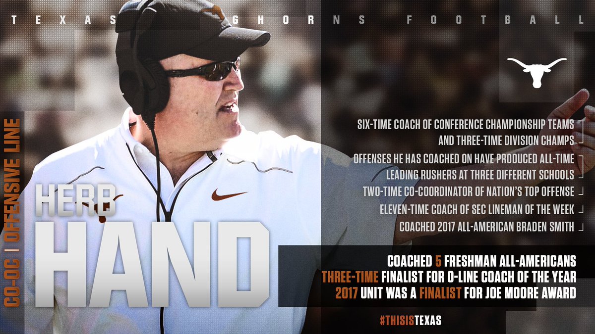 TexasFootball's tweet image. Welcome to the 40 Acres, @CoachHand! 

Hand named co-offensive coordinator/offensive line coach at Texas #ThisIsTexas #HookEm 

texassports.com/news/2018/1/17…