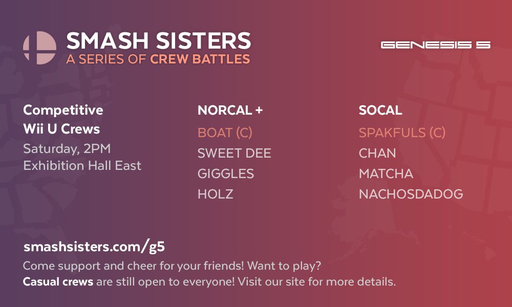 Smash_Sisters's tweet photo. Presenting the rosters for #SmashSisters #G5 Competitive Wii U crews! Come cheer and support your friends! 💕

Get more details at https://t.co/ZMuRdK0m0q https://t.co/PZmJmeh3PV