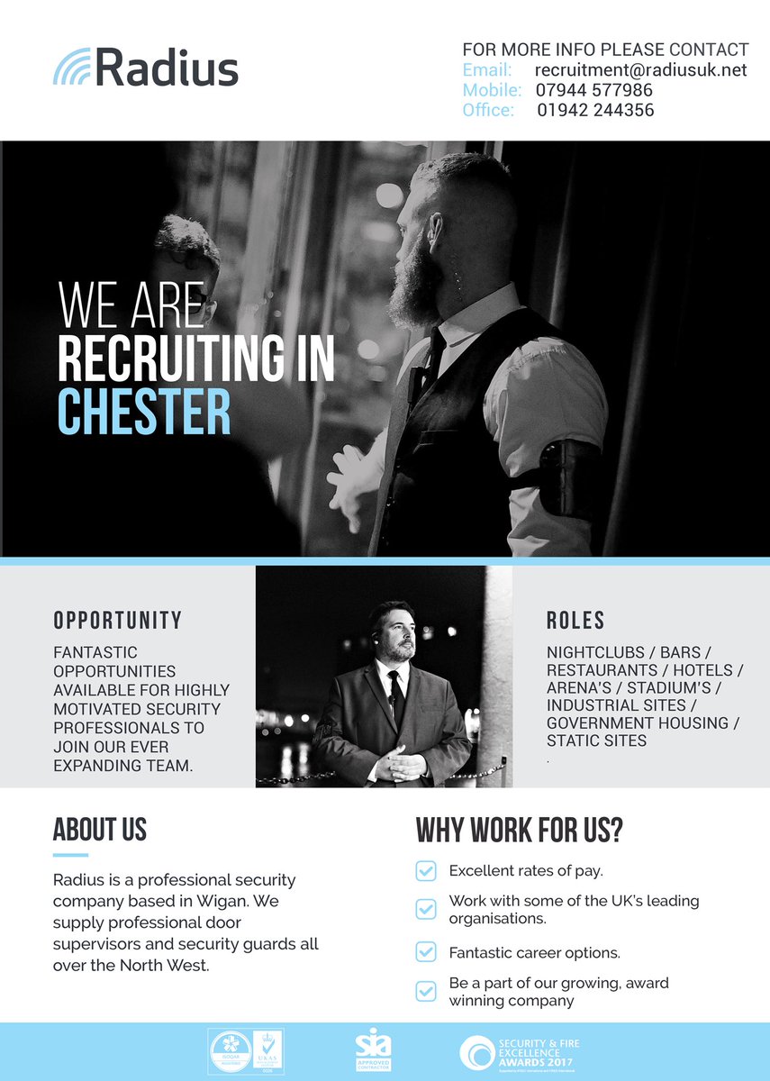 RadiusSecurity_'s tweet photo. We are looking for highly motivated, SIA licensed security professionals to work in Chester.  
For more information please contact martin.smith@radiusuk.net / 07495 689278 https://t.co/ttvgyRIrWK