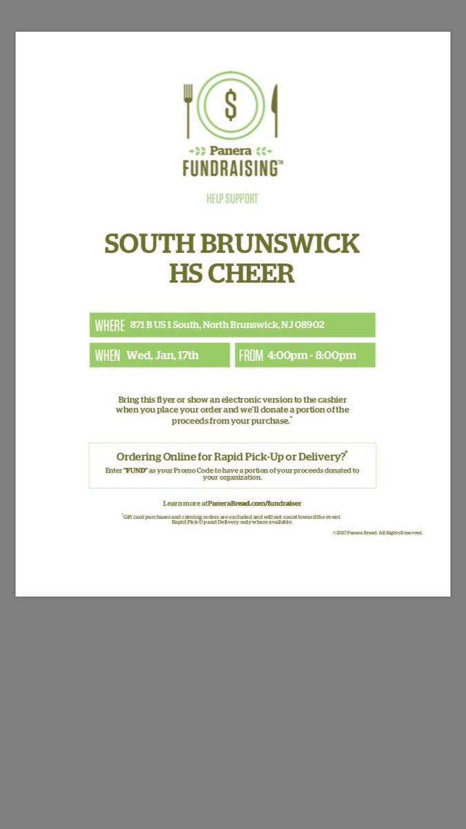SBHSCheer's tweet photo. Today is the day! Eat at Panera in North Brunswick from 4-8 to support SBVC. Show this flyer and a portion of your purchase will come back to our team! Thanks for your support! 💛 https://t.co/TQjOpKvl9s