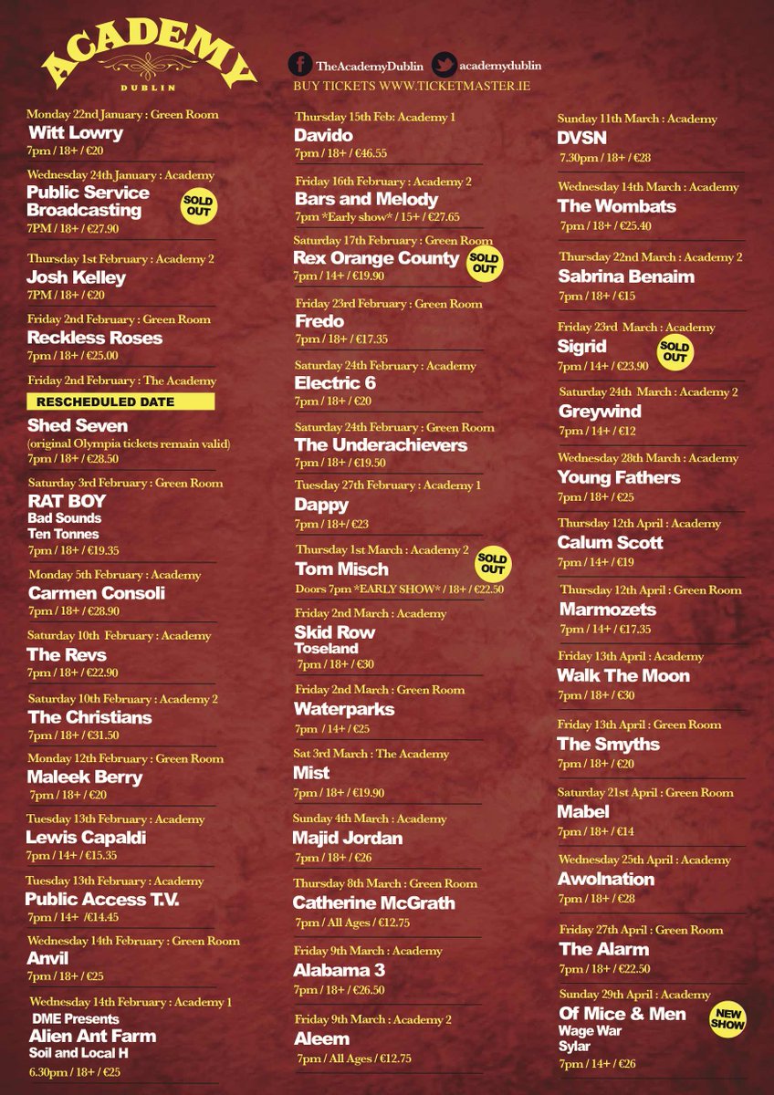 academydublin's tweet photo. 💥 THE ACADEMY LISTINGS COMPETITION - WIN TICKETS AND A BAR TAB FOR THE GIG OF YOUR CHOICE! 💥

Follow us, RT + reply to us with which 1 you'd love to go to &amp; you could WIN a pair of tickets and a bar tab to use at the show! 

Winner picked on Monday! https://t.co/QYp2wAeTNt