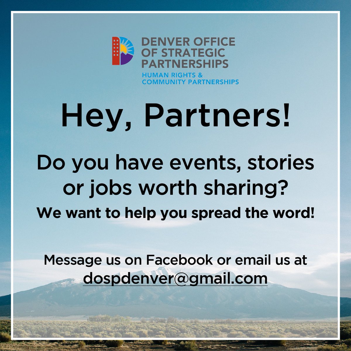 DenverDOSP's tweet image. HEY PARTNERS! Make sure you make it into our January DOSP newsletter (seen by thousands)! 

Send us your events, job postings or non-profit stories to our DOSP email: DOSPdenver@gmail.com

Taking submissions until the end of the week!