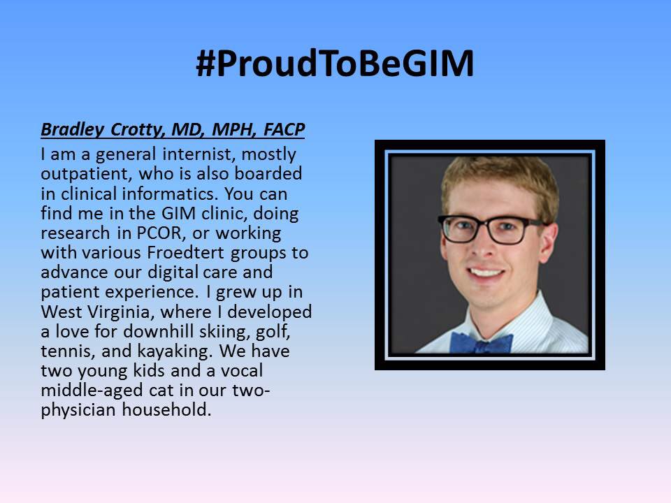 Mcw_Medchiefs's tweet photo. We’re #ProudToBeGIM and proud of our faculty! We are counting down to #ProudToBeGIM week with daily #FeaturedFaculty. Thanks,  @bradcrotty for your work and inspiration! https://t.co/2PPM3ujldF