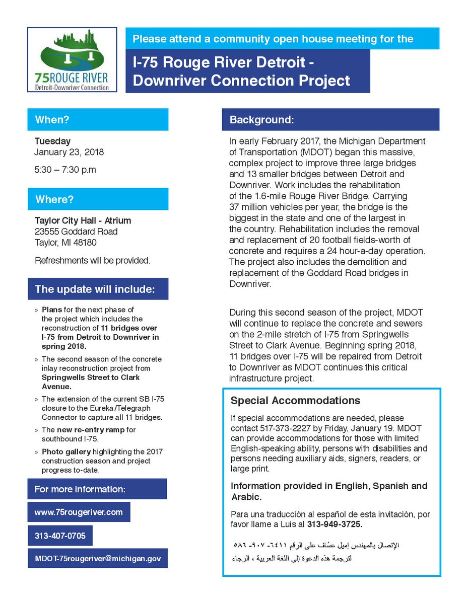 Reminder of the community meeting where an update will be given on the I-75 Detroit-Downriver Connection project!

<a href="/75RougeRiver/">75 Rouge River</a>