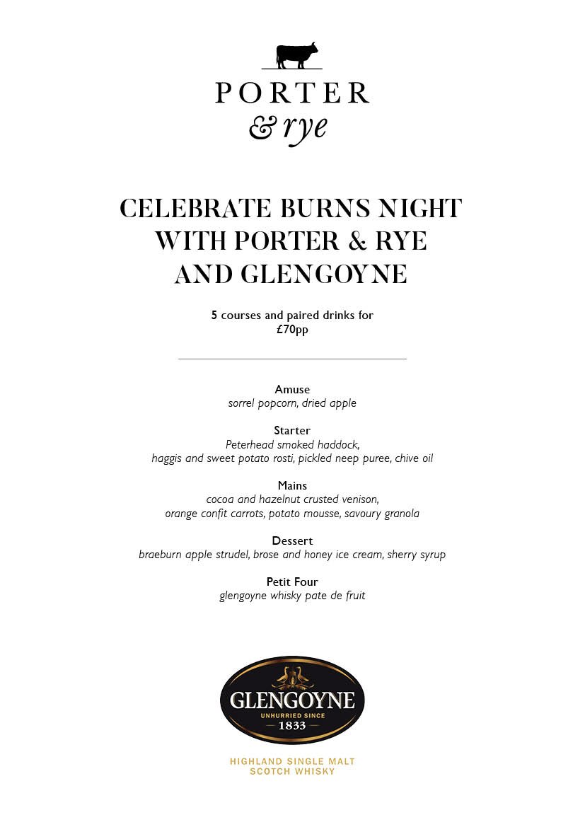 Join us for Burns Night at Porter with Glengoyne Whisky!
Enjoy 5 delicious courses with paired drinks for just £70 per person.

To book, call 0141 572 1212 or visit porterandrye.com/reservations.p…

#awayoflife #porterandrye #glasgow #finnieston #setmenu #event #Scottish #burnsnight