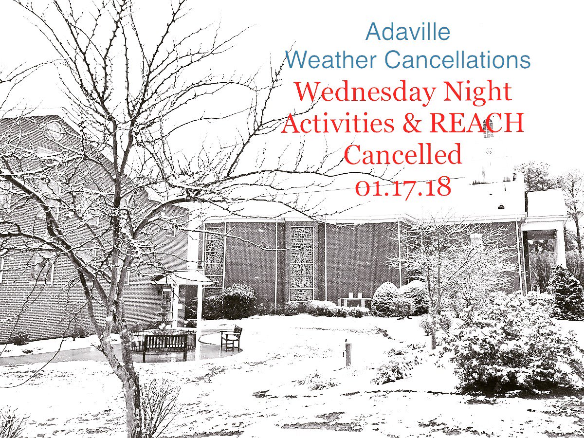 adavillechurch's tweet image. WEATHER ALERT: Due to snow.....ALL Wednesday night activities and REACH tonight are CANCELLED. Stay warm and safe on those roads! #Adaville
