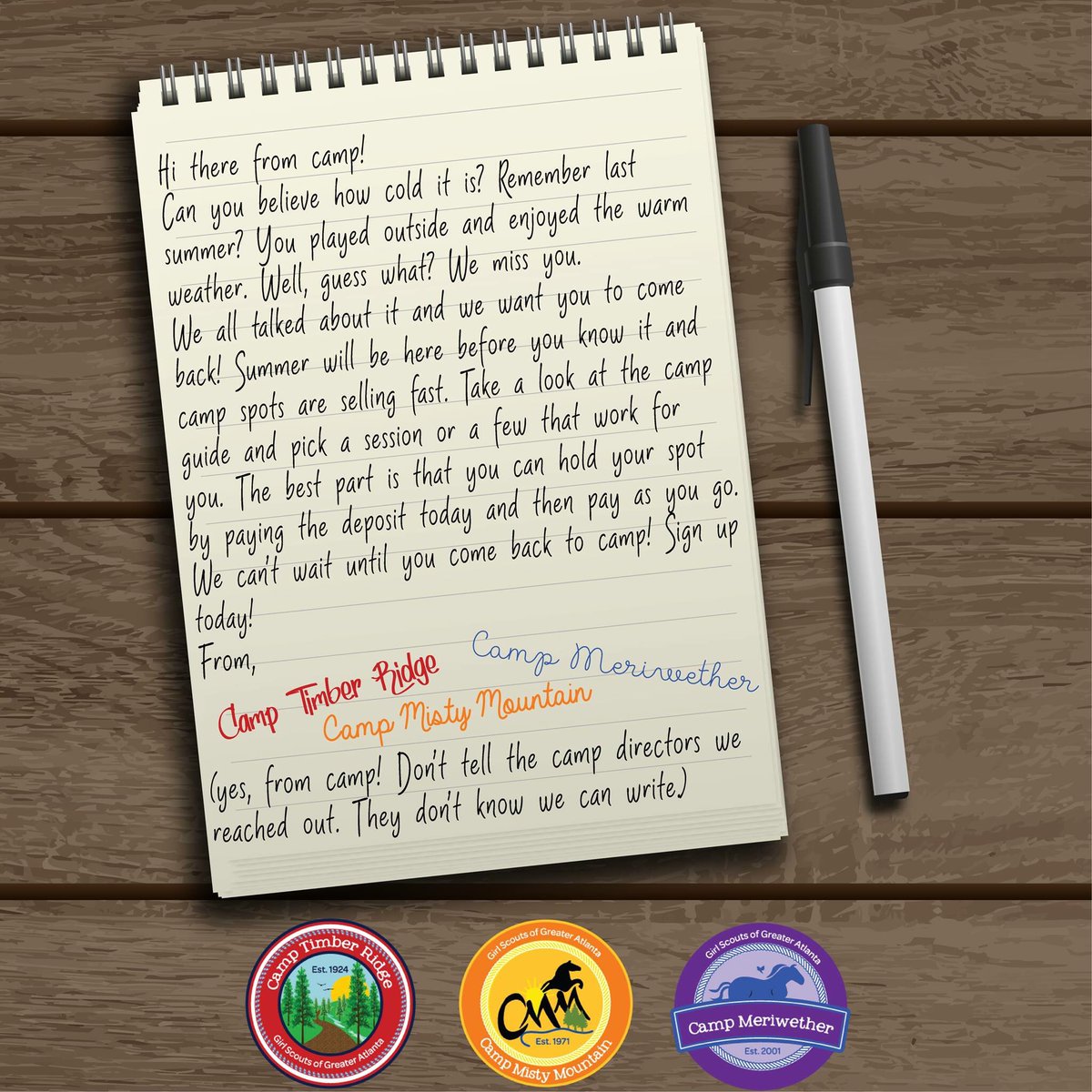 CampMeriwether's tweet photo. Dear Campers, we miss you!! Register for Summer Camp 2018 today! ⛺️❤️📝 #campmeriwether #meriwethermagic #camplifeisthebestlife https://t.co/i9DE5yhISb