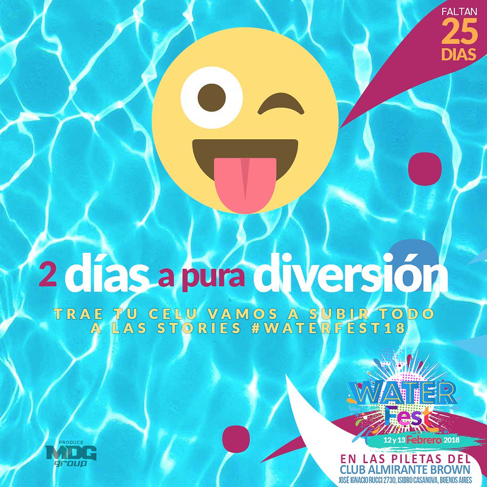 ¡NOS VEMOS EN 25 DIAS! En las piletas del Club Almirante Brown.
¡Este verano va a ser el mejor! #Waterfest18 ⛱ ¿Cual es tu banda favorita? Deja tu comentario
Entradas en venta 👇
tusaccesos.com/concierto/wate… @MDGGROUPAr <a href="/Juandemontreal/">Juan De Montreal</a> <a href="/KikePavon/">Kike Pavón</a> <a href="/GrupoBarak/">Grupo Barak</a> <a href="/TravyJoe/">Travy Joe</a> <a href="/matambamusic/">Matamba Oficial</a>