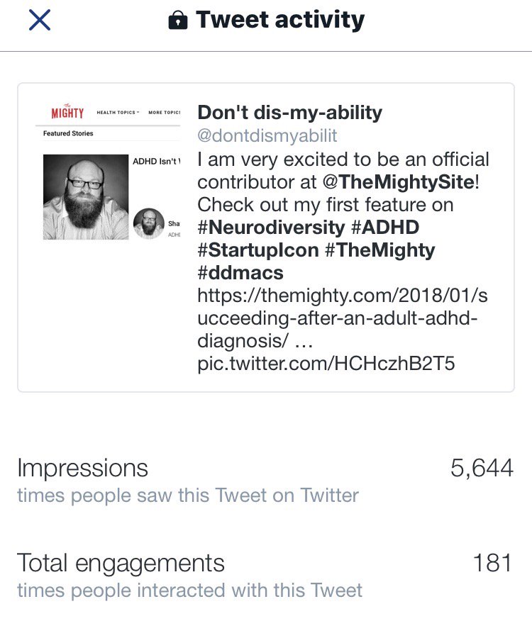 dontdismyabilit's tweet image. Investing in myself always pays off. I spent the better part of yesterday morning promoting my first feature on #TheMighty and as you can see, it was time well spent. #hustle #StartupIcon #entrepreneur #neurodiversity #ddmacs

themighty.com/2018/01/succee…