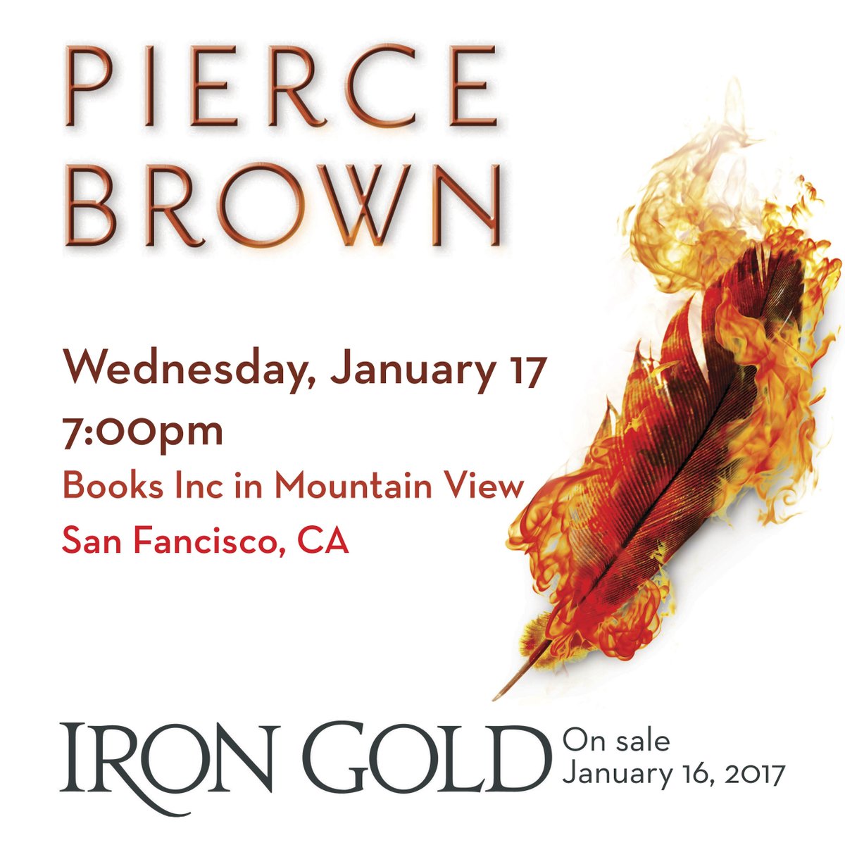 Tonight in #SanFrancisco, <a href="/Pierce_Brown/">Pierce Brown</a> will be in conversation with <a href="/andyweirauthor/">Andy Weir</a> discussing all the secrets behind #IronGold! Get your tickets via @BooksIncEvents: booksinc.net/event/pierce-b…