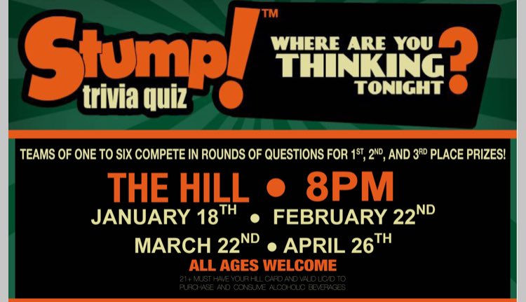Brother_Mikes's tweet photo. Come out to The Hill tomorrow and Friday as we kick off the spring semester with:

Stump Trivia and Prizes !!!

Live music from Kyle Cantalupo !!!

New drink and beer specials every week!!!

🍺🍻🥂🍷🍾🍹🍸🥃 https://t.co/BT5w5jbG5s