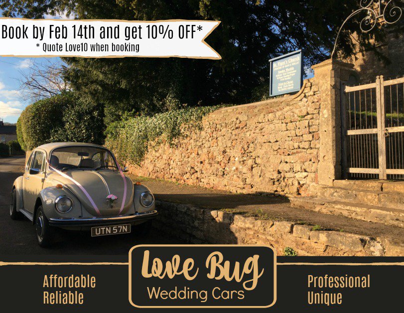 LoveBugCars's tweet photo. To celebrate the run up to valentine's day we have a special offer on our wedding car hire in Somerset &amp; Wiltshire. Quote LOVE10 when booking before 14/02/18 (wedding can be anytime) and you'll get  10% off! #WeddingWednesday #bridetobe #engaged #Somerset #Wiltshire #Bridebook https://t.co/86rqIU3cnH