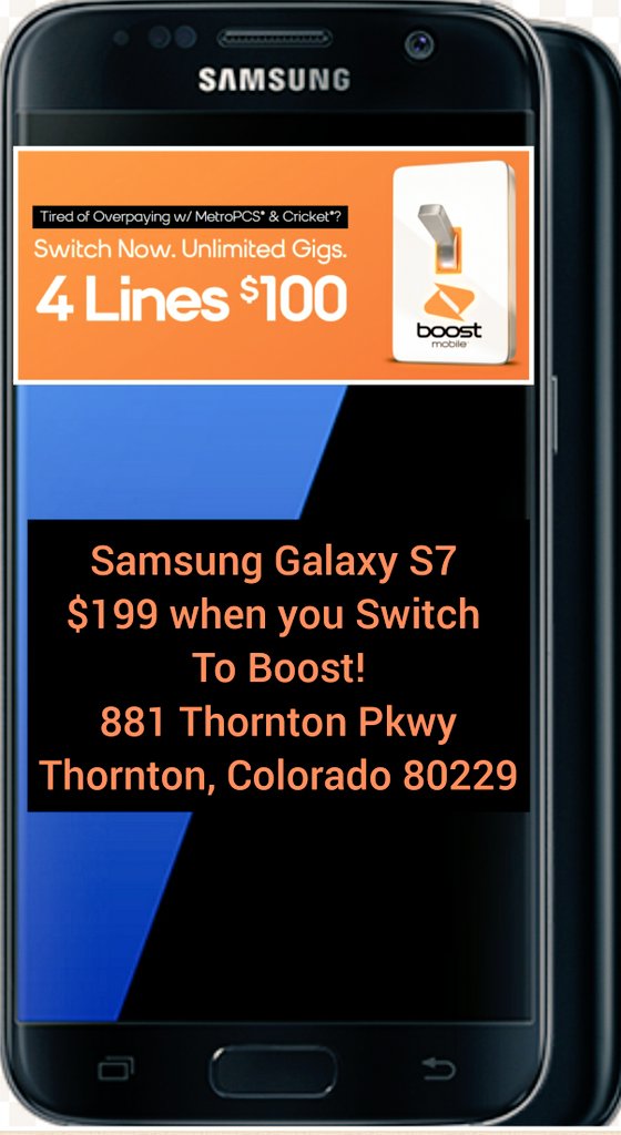 BoostThornton's tweet photo. #SwitchToBoost Today &amp; score 4 lines Unlimited Gigs for $100/mo tax included! As well as up to 4 #Free phones! Already on our $50 UG plan? #AddALine for #Free! Pair with a port in &amp; get a #FreePhone! Or get a Samsung Galaxy S7 for $199 when you #SwitchToBoost! 881 Thornton Pkwy! https://t.co/9vn9IwlNEz