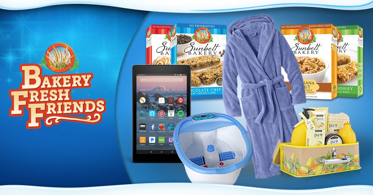 Cnaugain's tweet photo. New year…NEW PRIZES! Join today for chances to win a whole new batch of prizes, including an Amazon Fire 8, a Deluxe Spa Basket and a foot spa massager! #BakeryFreshFriends #Contest - https://t.co/tcU9pZvMQP https://t.co/RkEEm4jeV8