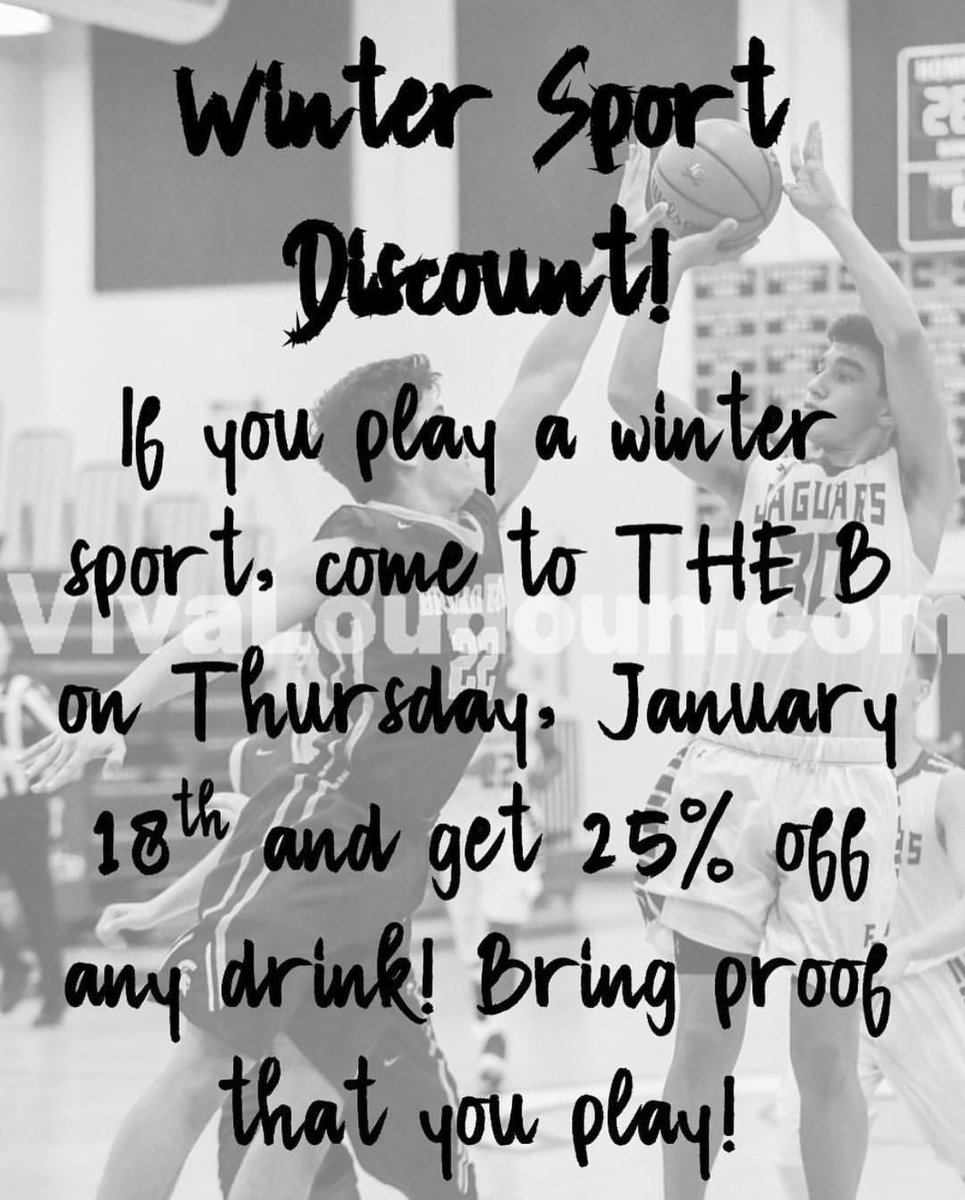 If you play a winter sport come to the B tomorrow to get 25% off any drink! Our drink of the week is a chocolate protein shake and smoothie! See you there!🏀🏒🤼‍♂️🏊🏼‍♂️