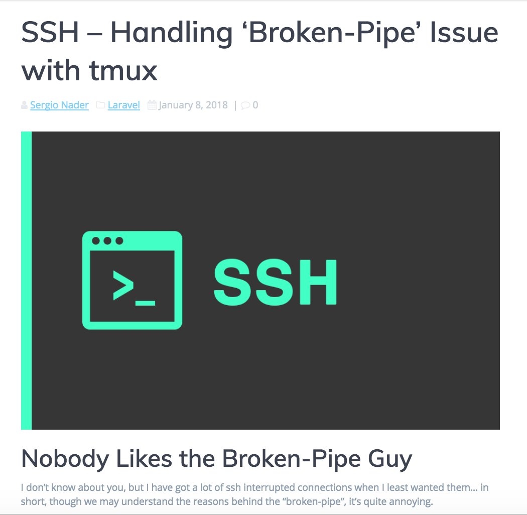 nadersergio's tweet image. SSH Handling ‘Broken-Pipe’ Issue with tmux
The last article explained how to make Scout index manually imported records, but unless you are indexing just a couple of records, chances are that the broken-pipe-guy will show up... now what?
#laravel #ssh #laravelscout #indesing #tmu