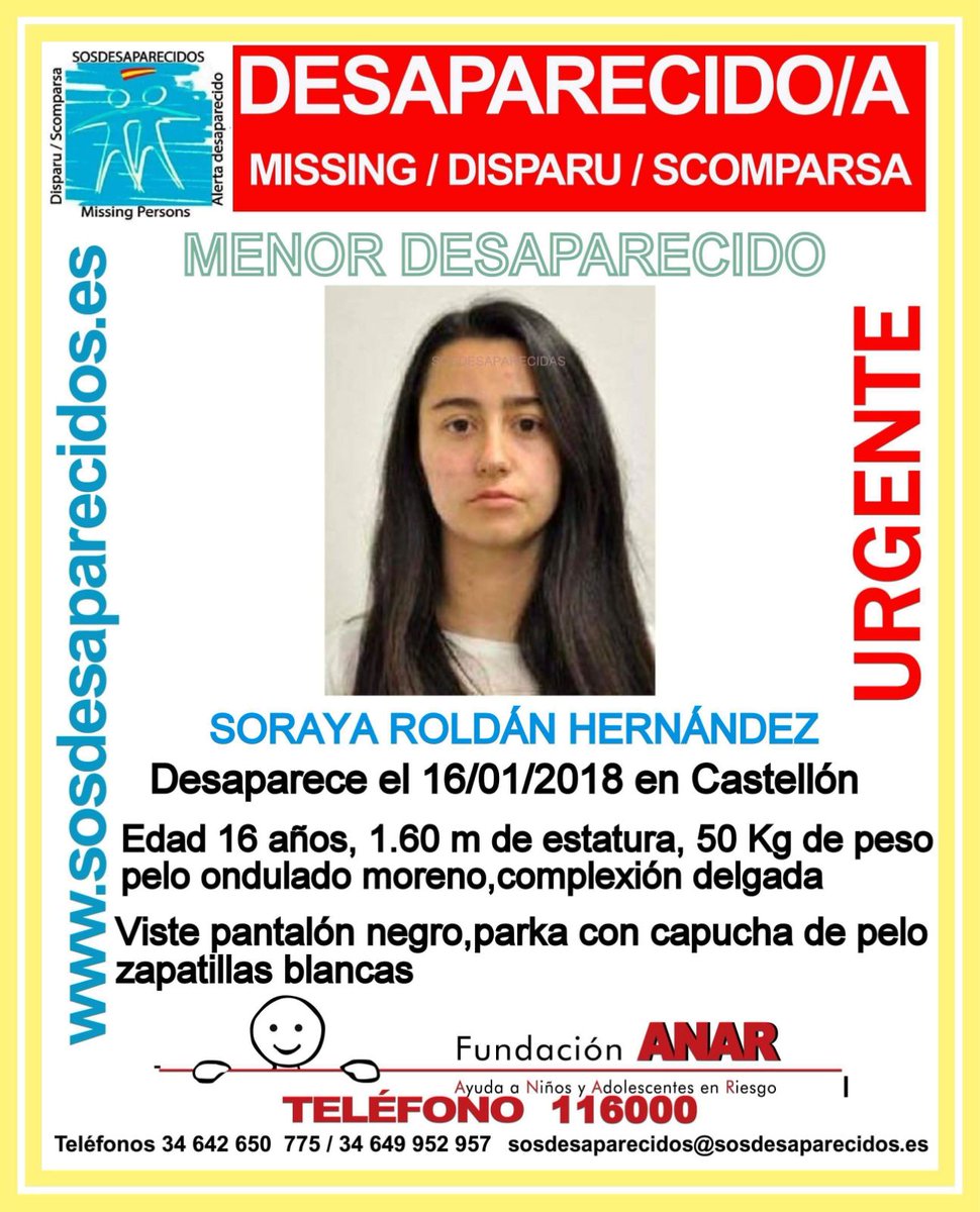 guardiacivil's tweet photo. 🆘#MUYURGENTE⚠
Soraya es una #menor que ha #desaparecido en #Castellón
 Si la ves llámanos
☎062
☎091
☎112
Tu RT es muy  importante y no cuesta nada https://t.co/lJ1vRh2rE4
