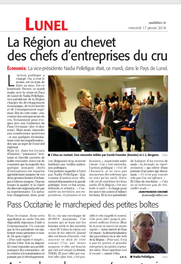 NadiaPellefigue's tweet photo. Articles de @Midilibre ce jour sur la visite d’@INNOTEC_Print et la rencontre avec les chefs d’entreprise d’hier à LUNEL aux côtés de @BergeonL 
#ProduitEnOccitanie 
#Fiersdenostalents https://t.co/CoO9ShhXrV