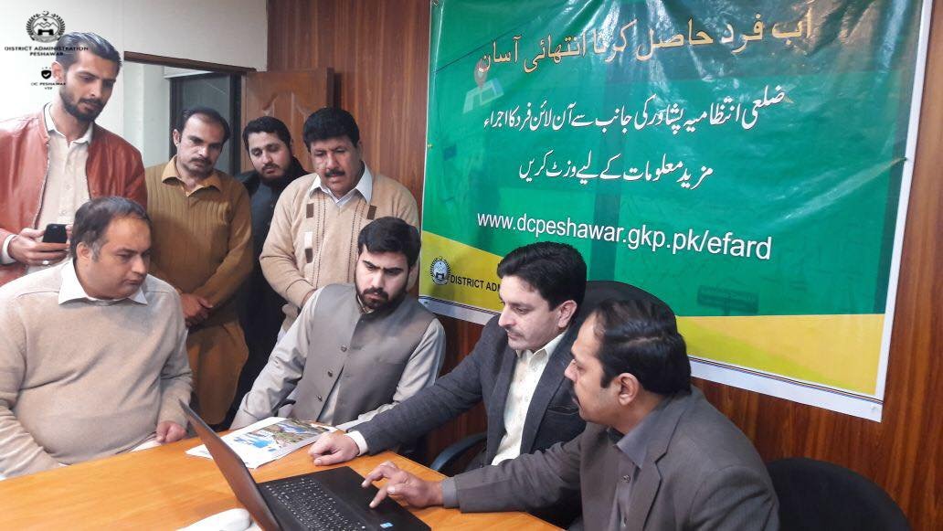 DCPeshawar's tweet photo. Inauguration Ceremony of Electronic Fard (E-Fard) service Facility Led by Addl Deputy Commissioner Mr.Shahid Ali with Assistant Commissioner Mr. Mughees, #DCPVTF Officials and DC office staff. #DISTRICTADMINISTRATION #DCPVTF #EFARD https://t.co/xfwwaZblfI
