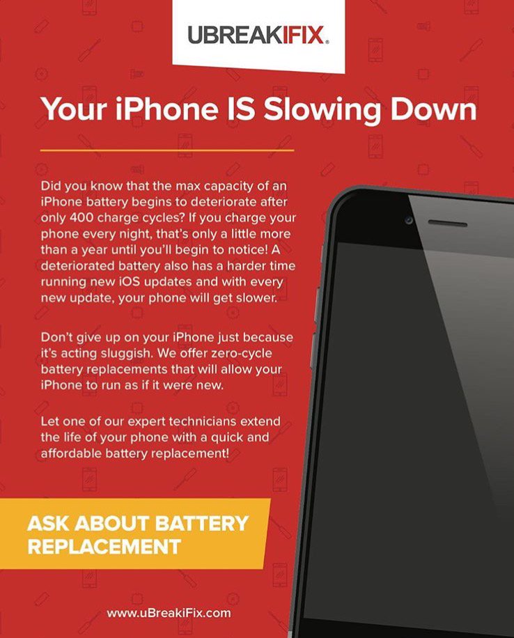 Sluggish iPhone? We’re here to help! Send us a message or stop by and see us about getting your battery replaced. It typically takes under an hour, so you’ll be on your way to a faster phone in no time. #WeFixItAll